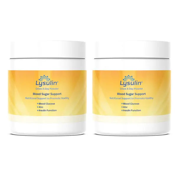Two white containers of Lysulin Once a Day Powder Blood Sugar Support 6oz from Lysulin are shown side by side, featuring yellow labels and highlighting this daily supplement for healthy glucose metabolism. (2 Pack).